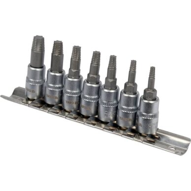 Sraigtiniai ištraukikliai | 6,3 mm (1/4") / 10 mm (3/8") | pažeistam T-Star (Torx) T10 - T40 | 7 vnt. YT-04581 YATO 2 Sraigtiniai ištraukikliai | 6,3 mm (1/4") / 10 mm (3/8") | pažeistam T-Star (Torx) T10 - T40 | 7 vnt. YT-04581 YATO 2