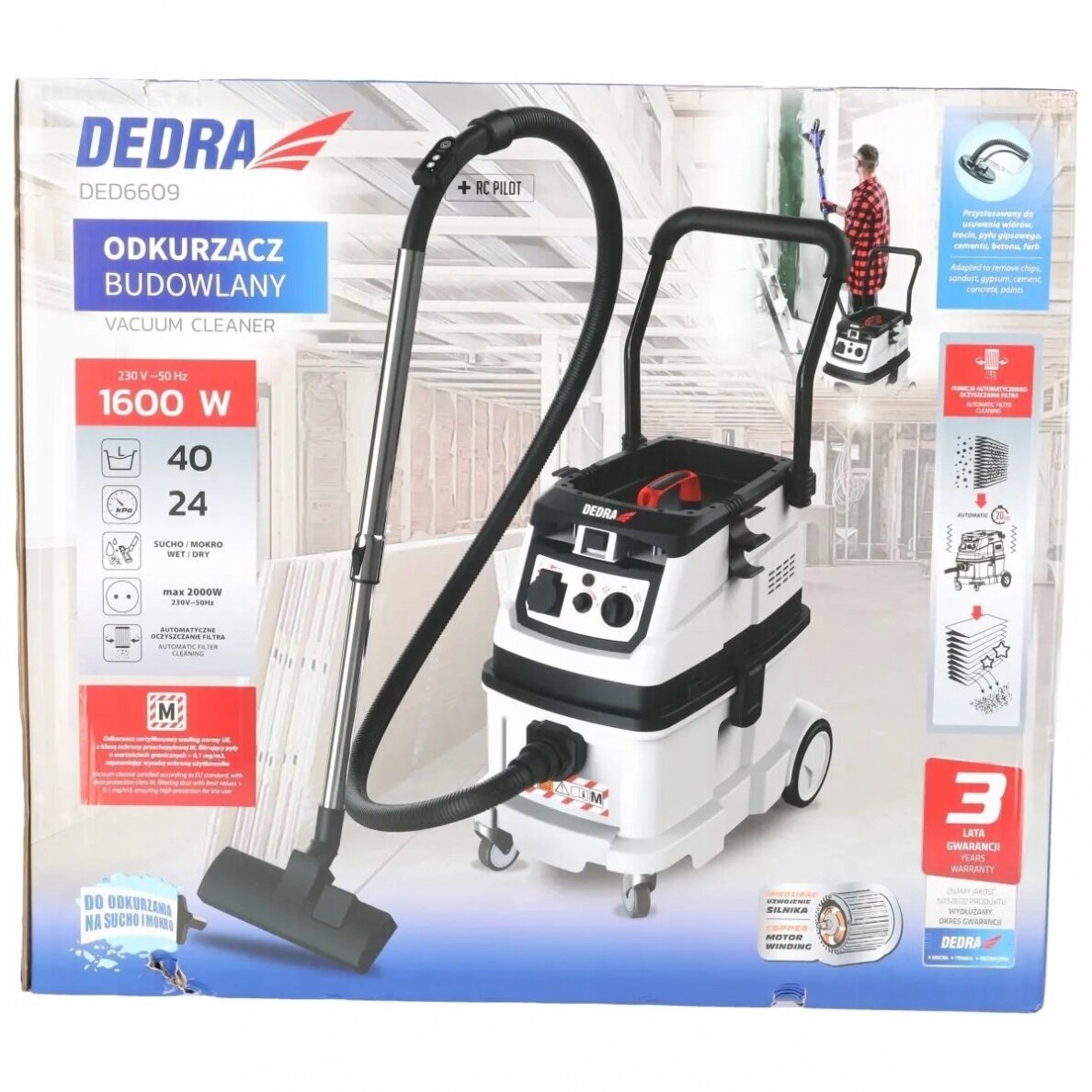 Statybinis dulkių siurblys su automatinio filtro valymo funkcija, 1600W, 40L, M klasės filtras, DEDRA DED6609 9