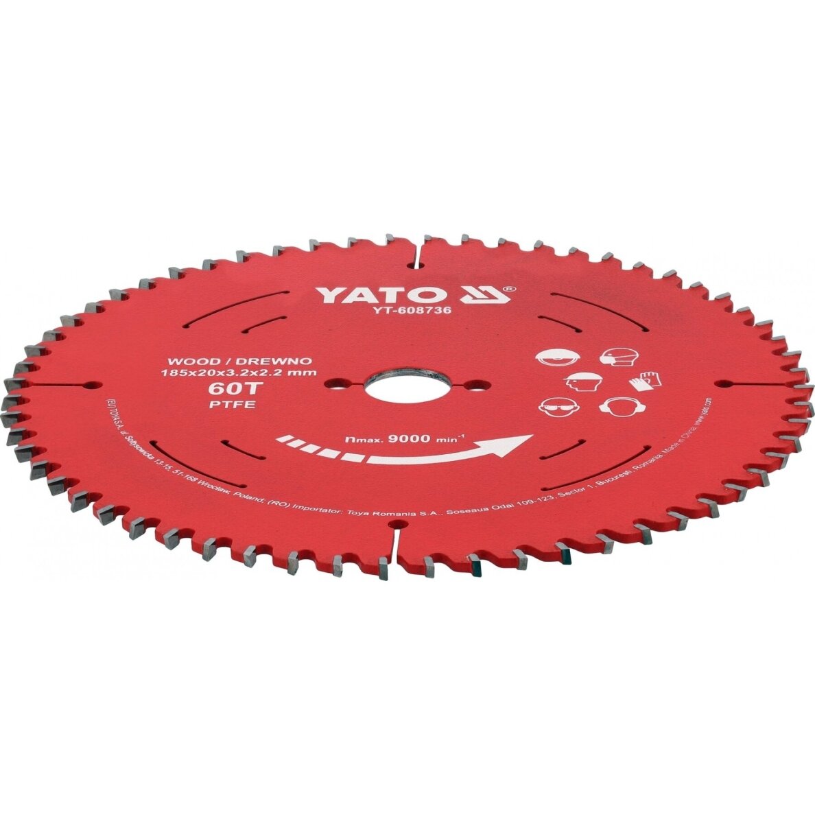 TCT pjovimo diskas medienai | 185 mm | 60 dantukų | 20 mm | su PTFE danga YATO 2 TCT pjovimo diskas medienai | 185 mm | 60 dantukų | 20 mm | su PTFE danga YATO 2