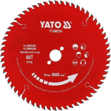 TCT pjovimo diskas aliuminiui ir spalvotiesiems metalams | 185 mm | 60 dantukų | 20 mm YATO