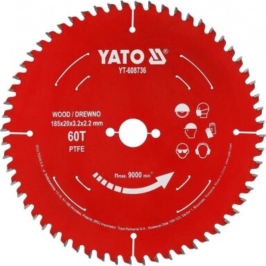 TCT pjovimo diskas medienai | 185 mm | 60 dantukų | 20 mm | su PTFE danga YATO