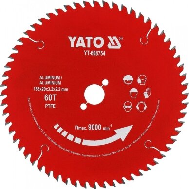 TCT pjovimo diskas aliuminiui ir spalvotiesiems metalams | 185 mm | 60 dantukų | 20 mm YATO