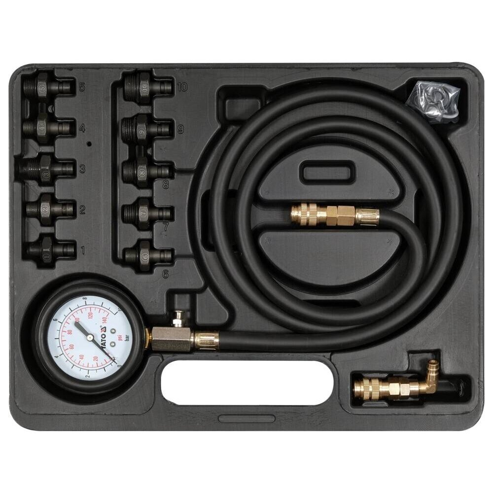 Tepalo slėgio matuoklis su ilga žarna ir adapteriais 12vnt. YATO YT-73031 Tepalo slėgio matuoklis su ilga žarna ir adapteriais 12vnt. YATO YT-73031