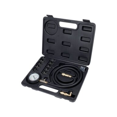 Tepalo slėgio matuoklis su ilga žarna ir adapteriais 12vnt. YATO YT-73031 Tepalo slėgio matuoklis su ilga žarna ir adapteriais 12vnt. YATO YT-73031