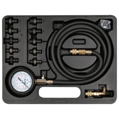 Tepalo slėgio matuoklis su ilga žarna ir adapteriais 12vnt. YATO YT-73031 Tepalo slėgio matuoklis su ilga žarna ir adapteriais 12vnt. YATO YT-73031