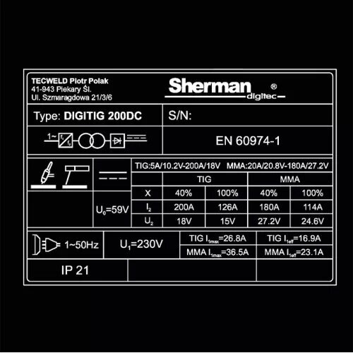 TIG suvirinimo aparatas inverterinis Sherman DIGITIG 200DC 6 TIG suvirinimo aparatas inverterinis Sherman DIGITIG 200DC 6