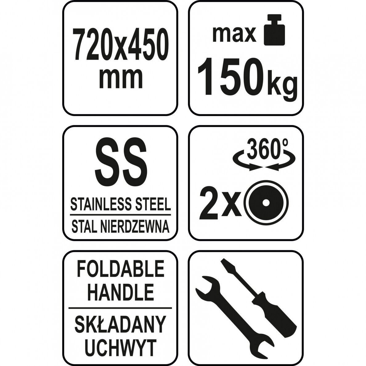 Transportavimo vežimėlis-platforma, nerūdijantis plienas 720x450mm YATO YG-09080 4 Transportavimo vežimėlis-platforma, nerūdijantis plienas 720x450mm YATO YG-09080 4