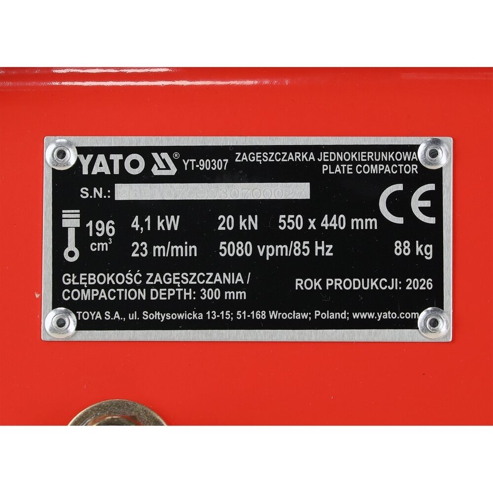 Vienkryptė vibroplokštė | 20 kN | 6,5 AG | 550 × 440 mm | su transportavimo ratukais YATO 15