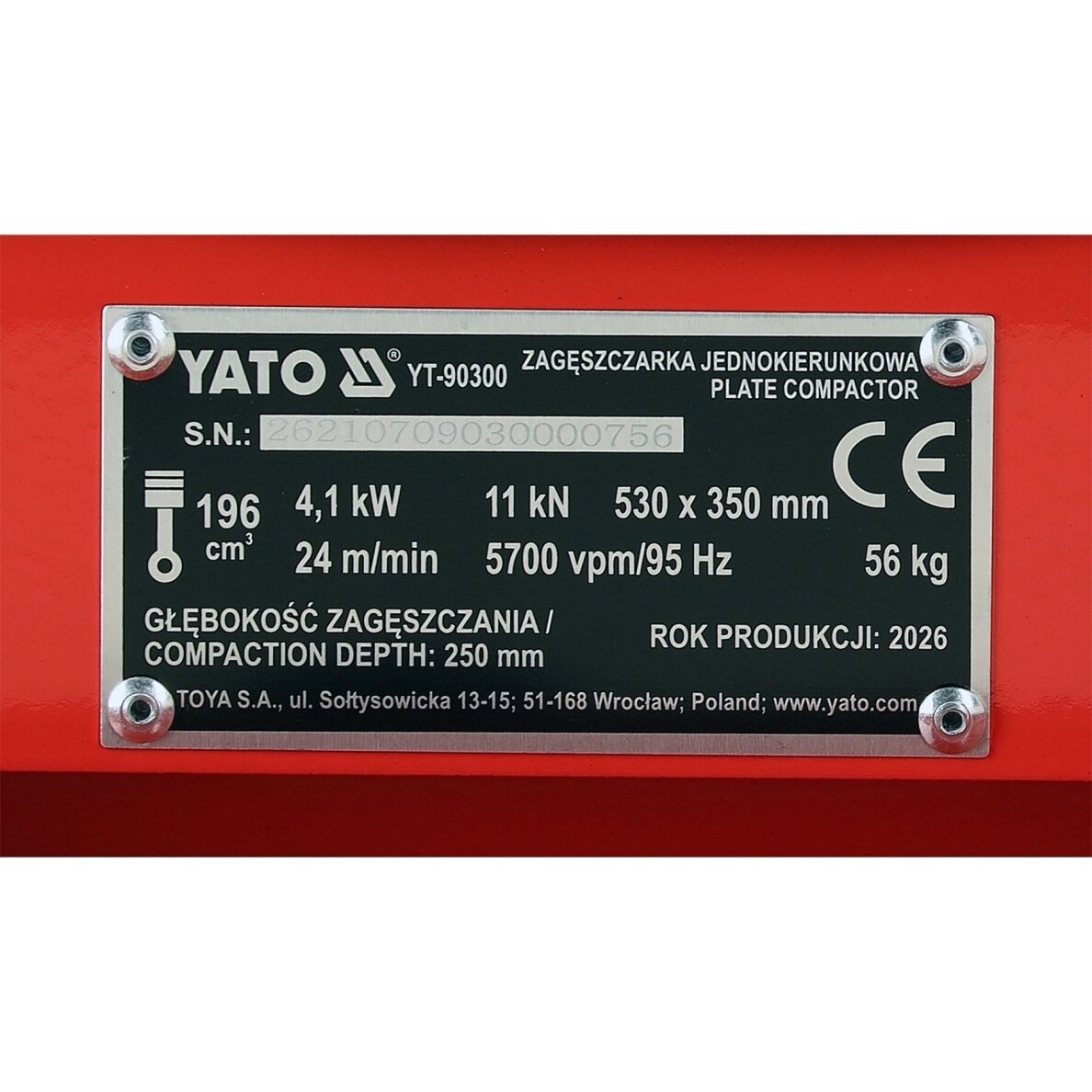 Vienkryptė vibroplokštė | 11 kN | 6,5 AG | 530 × 350 mm | su transportavimo ratukais YATO 15