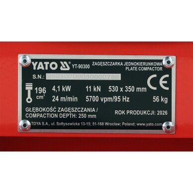 Vienkryptė vibroplokštė | 11 kN | 6,5 AG | 530 × 350 mm | su transportavimo ratukais YATO 15 Vienkryptė vibroplokštė | 11 kN | 6,5 AG | 530 × 350 mm | su transportavimo ratukais YATO 15