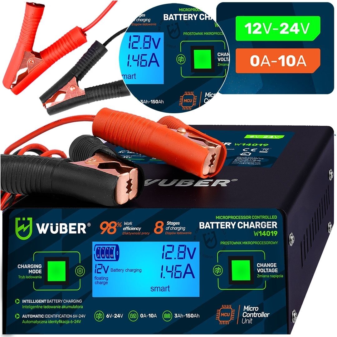 WUBER mikroprocesorinis akumuliatorių įkroviklis 6–24V 10A AGM EFB GEL WUBER mikroprocesorinis akumuliatorių įkroviklis 6–24V 10A AGM EFB GEL