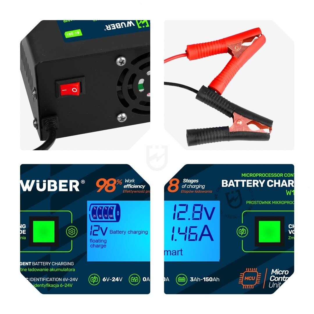 WUBER mikroprocesorinis akumuliatorių įkroviklis 6–24V 10A AGM EFB GEL 7 WUBER mikroprocesorinis akumuliatorių įkroviklis 6–24V 10A AGM EFB GEL 7