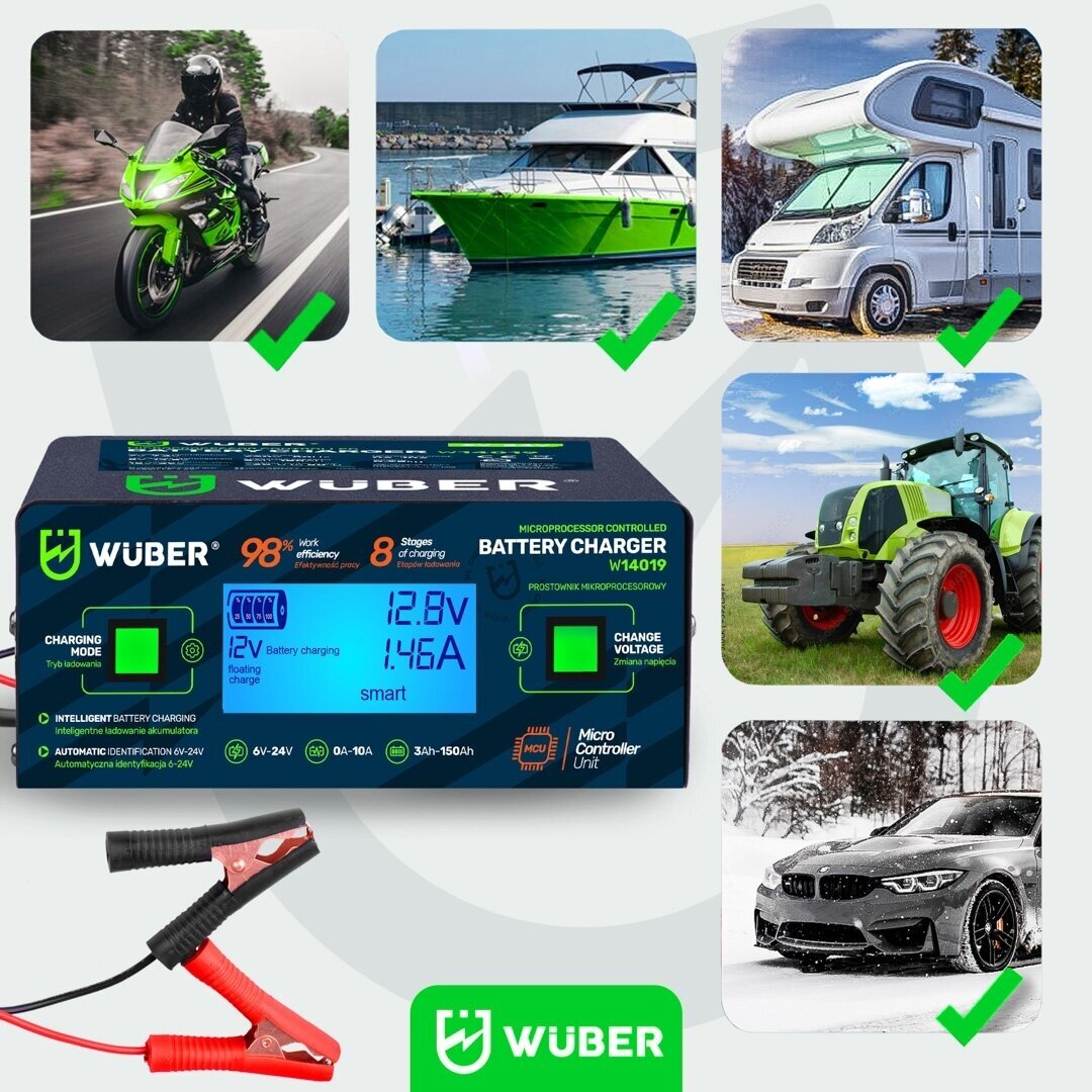 WUBER mikroprocesorinis akumuliatorių įkroviklis 6–24V 10A AGM EFB GEL 1 WUBER mikroprocesorinis akumuliatorių įkroviklis 6–24V 10A AGM EFB GEL 1
