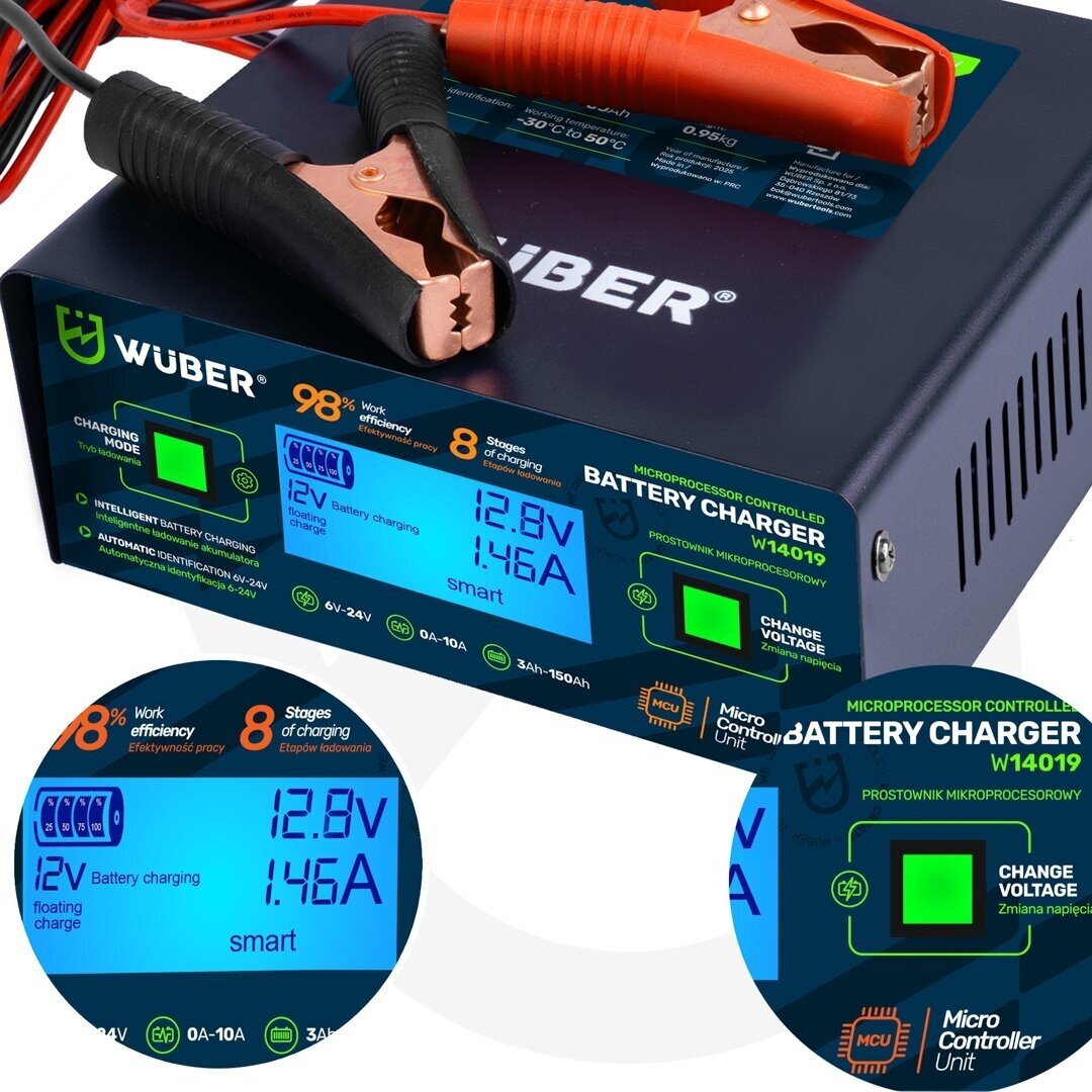 WUBER mikroprocesorinis akumuliatorių įkroviklis 6–24V 10A AGM EFB GEL 3