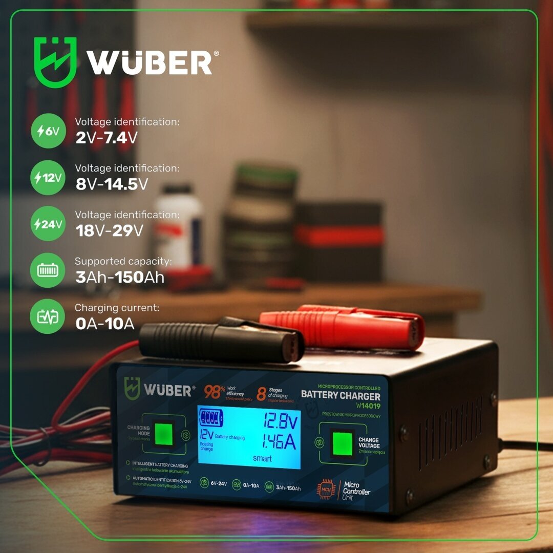 WUBER mikroprocesorinis akumuliatorių įkroviklis 6–24V 10A AGM EFB GEL 13 WUBER mikroprocesorinis akumuliatorių įkroviklis 6–24V 10A AGM EFB GEL 13
