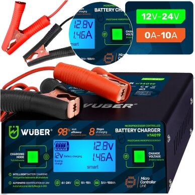 WUBER mikroprocesorinis akumuliatorių įkroviklis 6–24V 10A AGM EFB GEL WUBER mikroprocesorinis akumuliatorių įkroviklis 6–24V 10A AGM EFB GEL