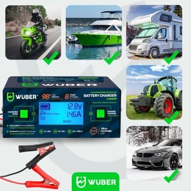 WUBER mikroprocesorinis akumuliatorių įkroviklis 6–24V 10A AGM EFB GEL 1